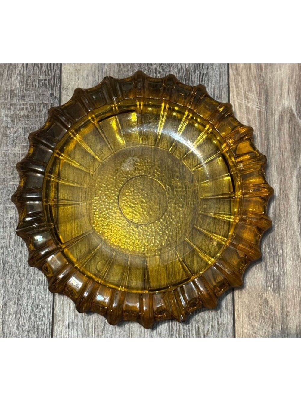 Vintage Fostoria Amber Heavy Glass Fluted Edge Ashtray Sunburst Design - Picture 6 of 6